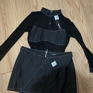 Fashion Nova Black Long Sleeve Crop Top & Skirt Set with Contrast Stitching
